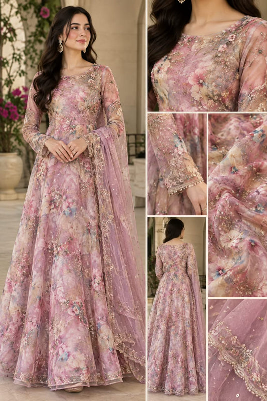 🌸 Premium Floral Embroidered Mauve Gown with Embellished Dupatta