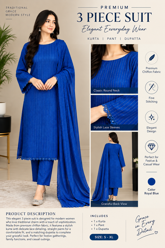 Royal Blue Embroidered 3-Piece Suit – Elegant Premium Collection