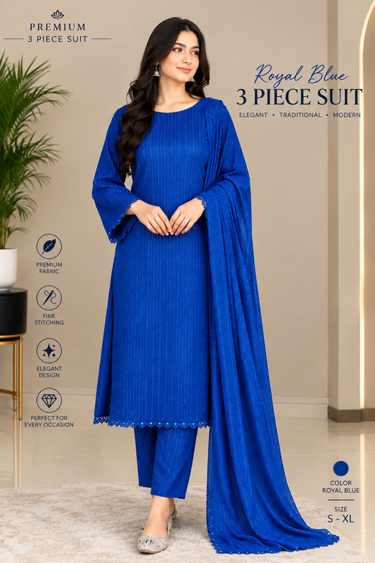 Royal Blue Embroidered 3-Piece Suit – Elegant Premium Collection