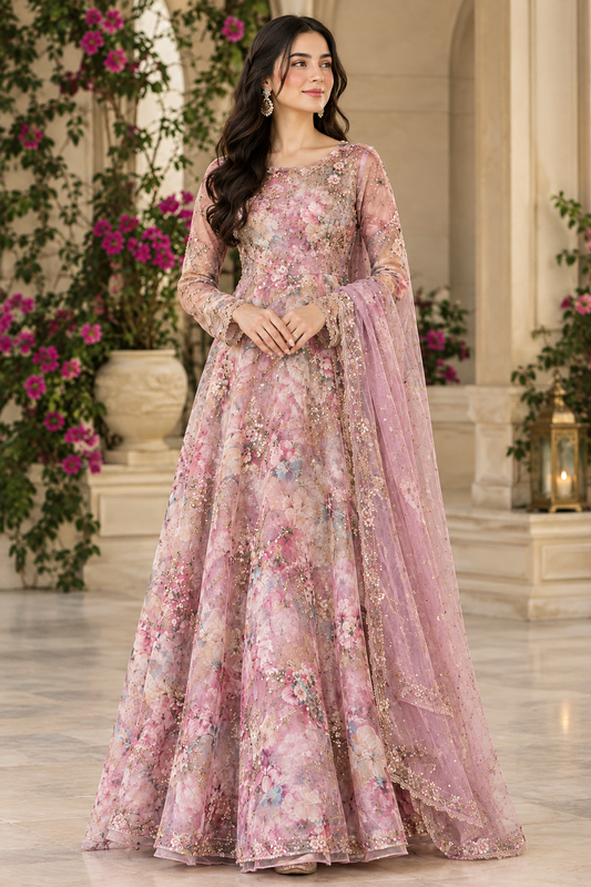 🌸 Premium Floral Embroidered Mauve Gown with Embellished Dupatta
