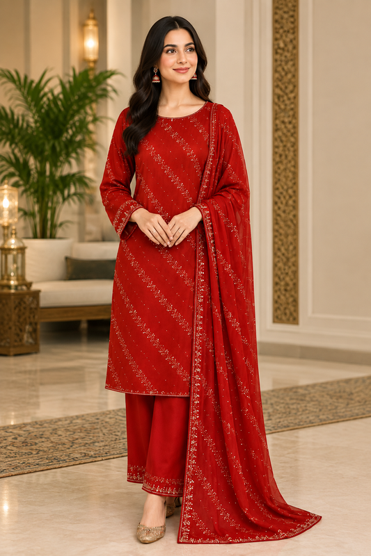 Premium Red Embroidered Salwar Kameez with Embellished Dupatta | Luxury Formal Wear