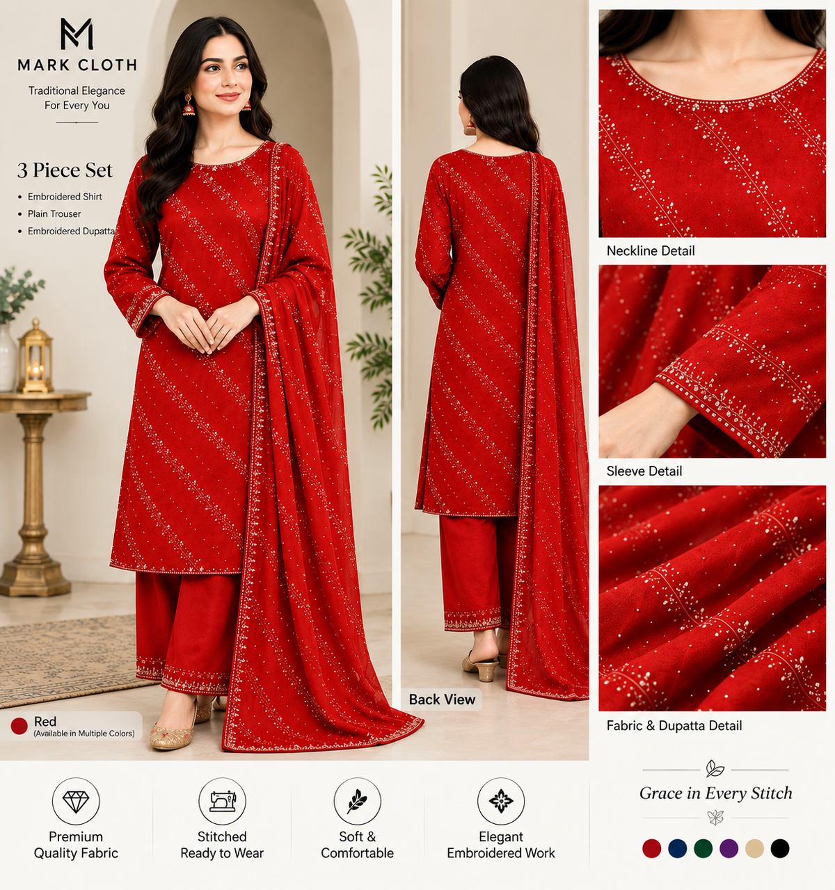 Imported Embroidery 3Pcs Unstitched Dress