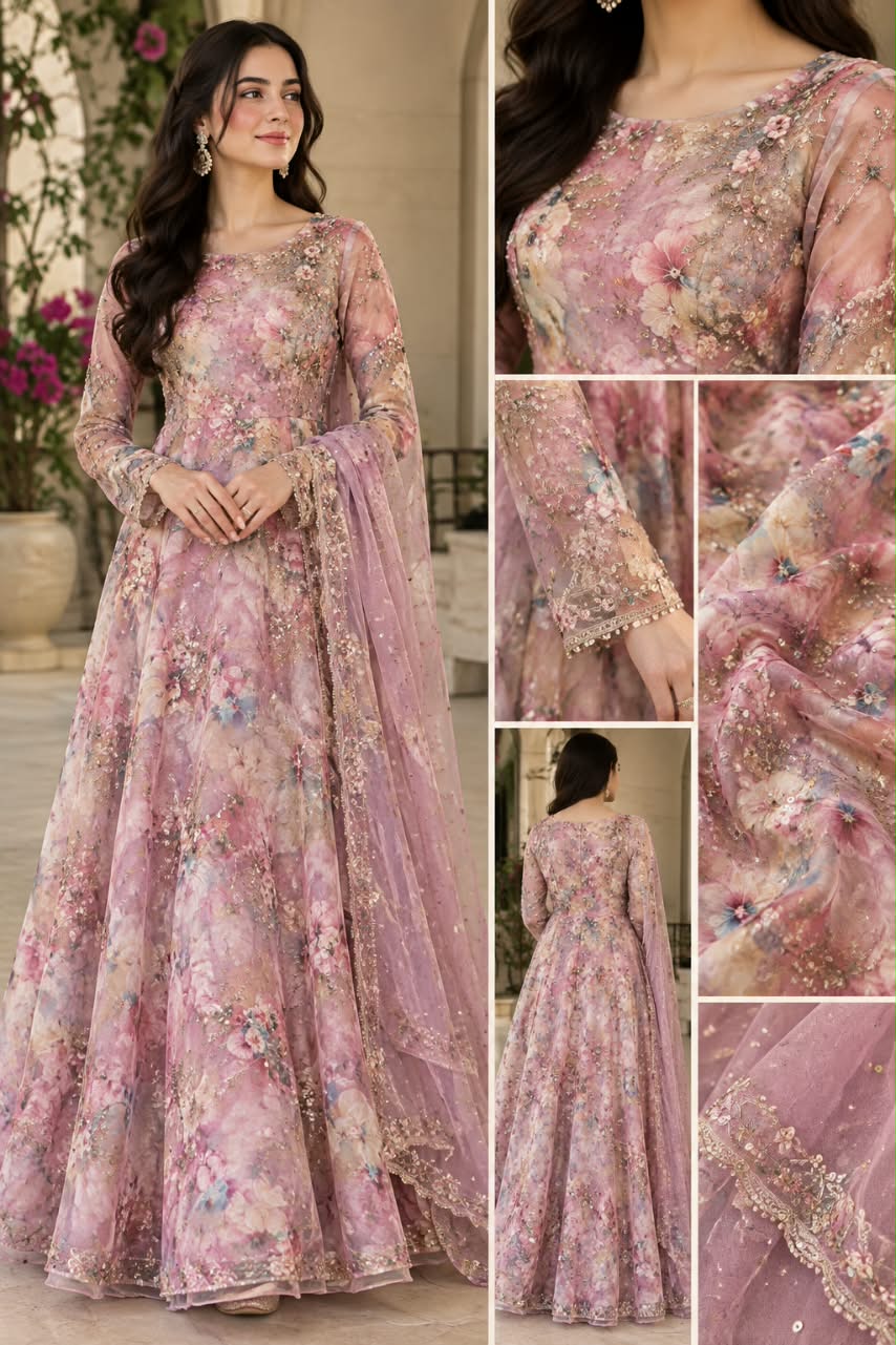 🌸 Premium Floral Embroidered Mauve Gown with Embellished Dupatta