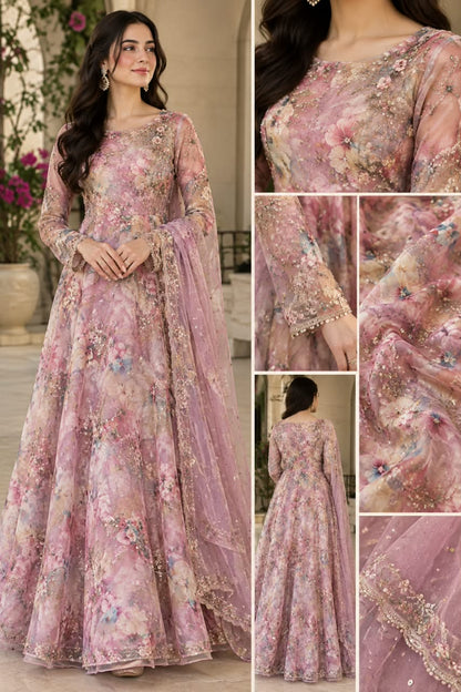 🌸 Premium Floral Embroidered Mauve Gown with Embellished Dupatta