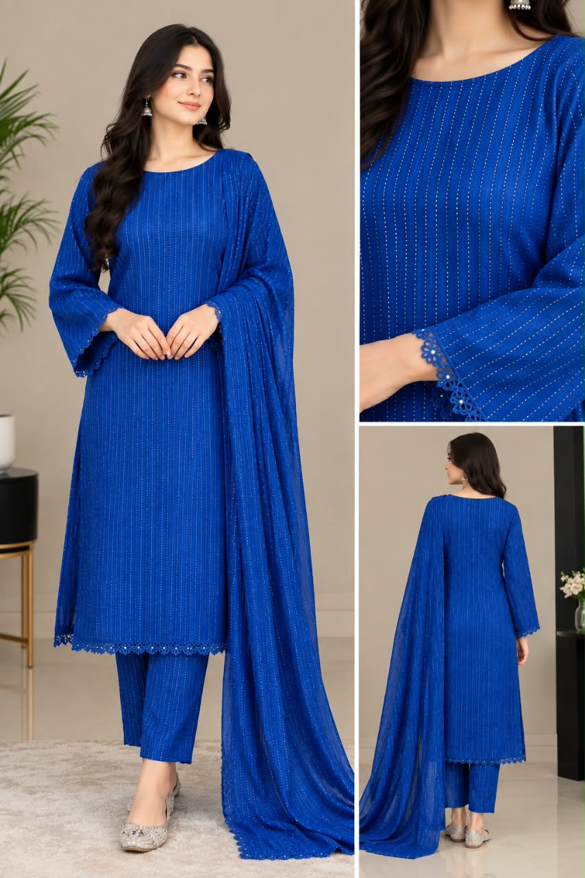 Royal Blue Embroidered 3-Piece Suit – Elegant Premium Collection
