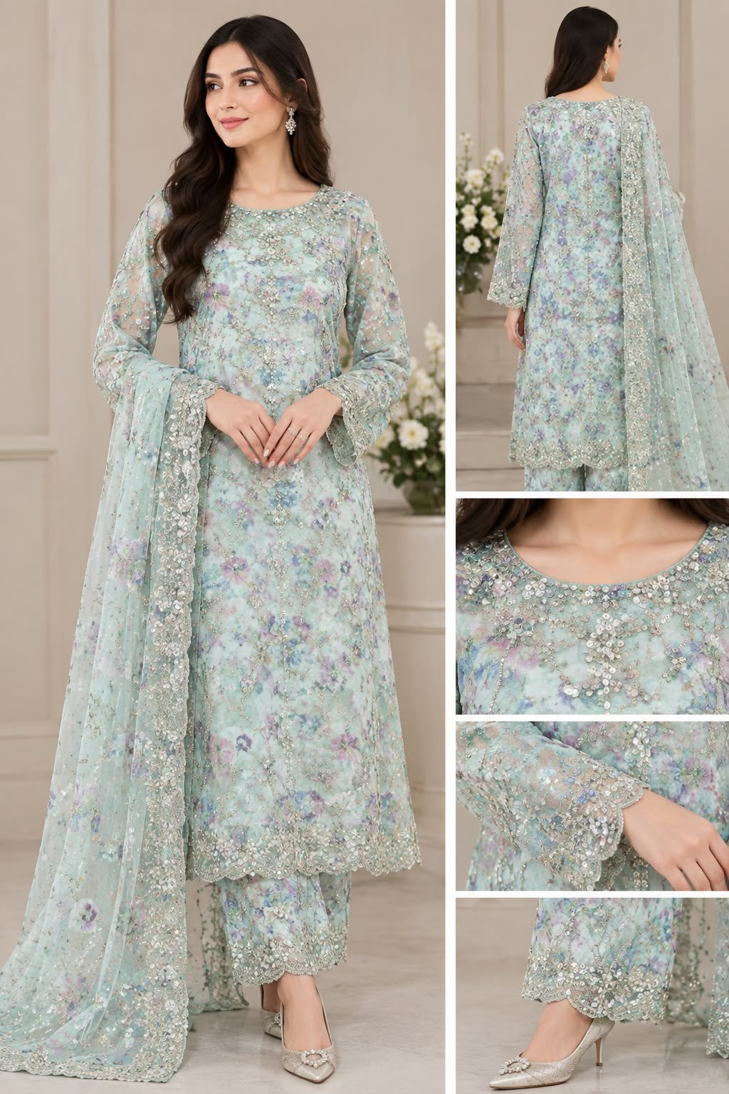 Mint Blossom – Pastel Floral Embroidered 2-Piece Suit