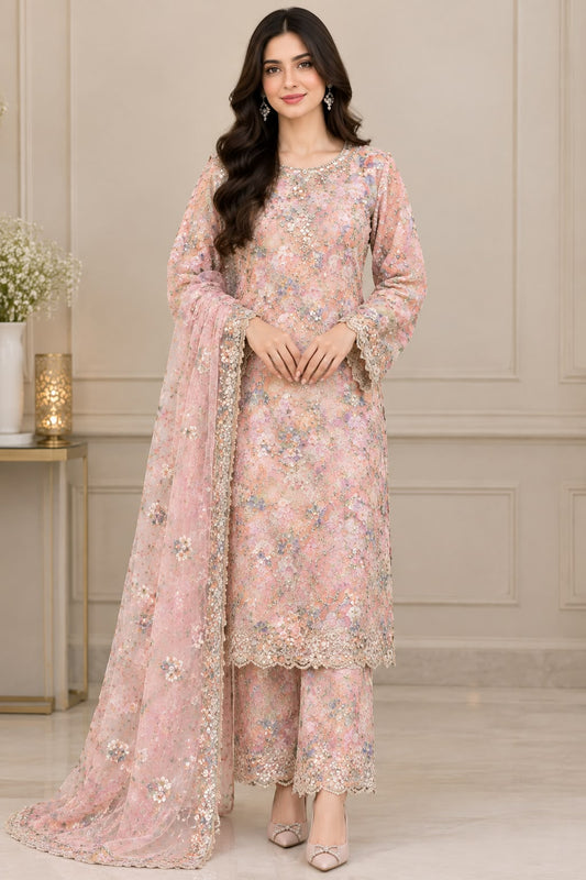 Blush Bloom – Luxury Embroidered Chiffon 2-Piece Suit
