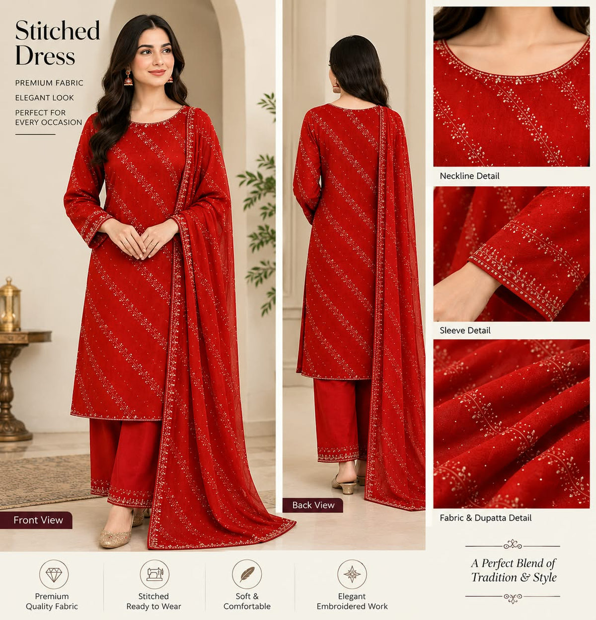 Imported Embroidery 3Pcs Unstitched Dress